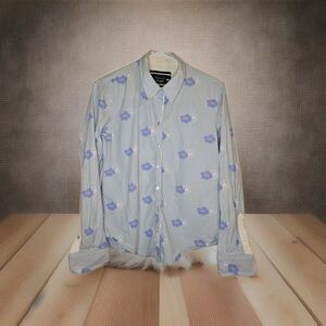 Saint James Mademoiselle Shirt Blue Striped Floral Button Up Womens S Small 10